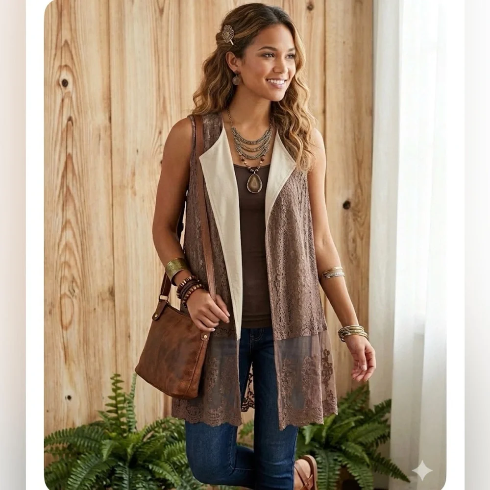 ♥️ UMGEE Victorian style Tan Ivory Lace Sleeveless Layer Top Cover Women SZ:S-M